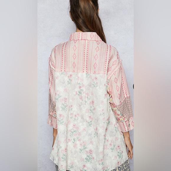 POL Pink Multi Pullover Patchwork Button Top 3/4 Sleeve Boho Oversized NWOT - Picture 6 of 7